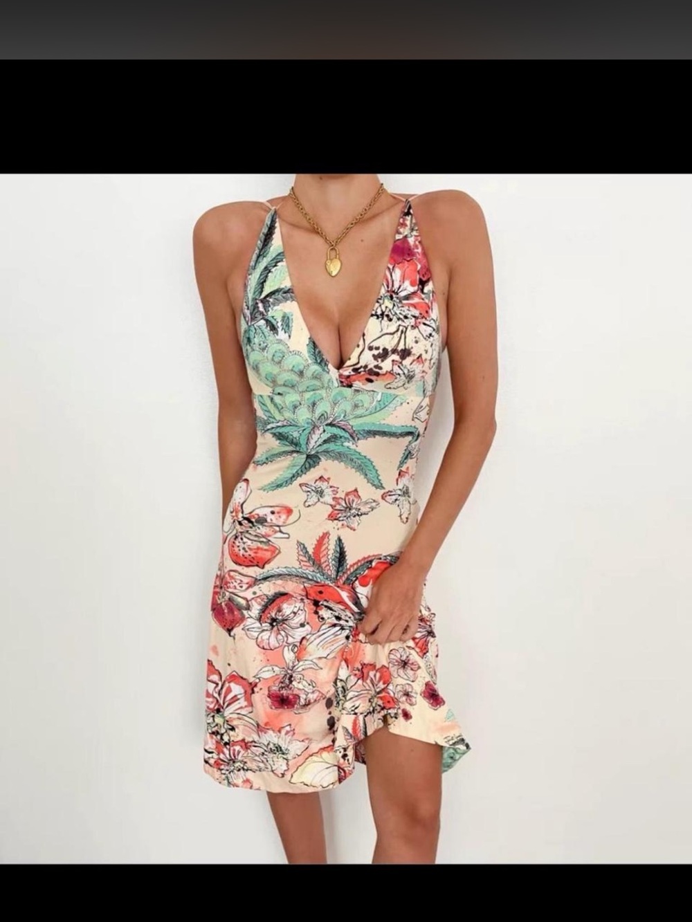 Just Cavalli Cream Mini Dress with Coral and Mint Floral Print